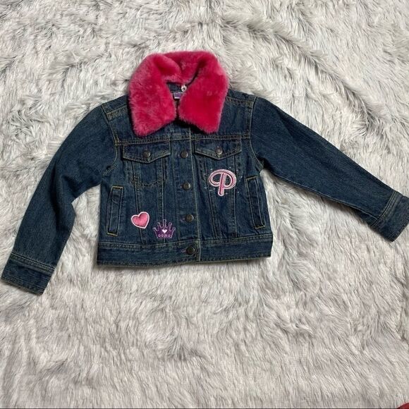 Disney Princess Blue Jean Jacket Faux Fur Collar - Picture 1 of 7